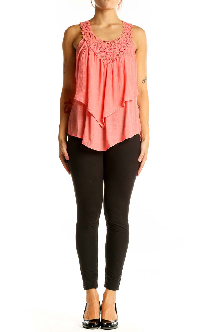 Front view of Spense coral layered tank top with crochet neckline