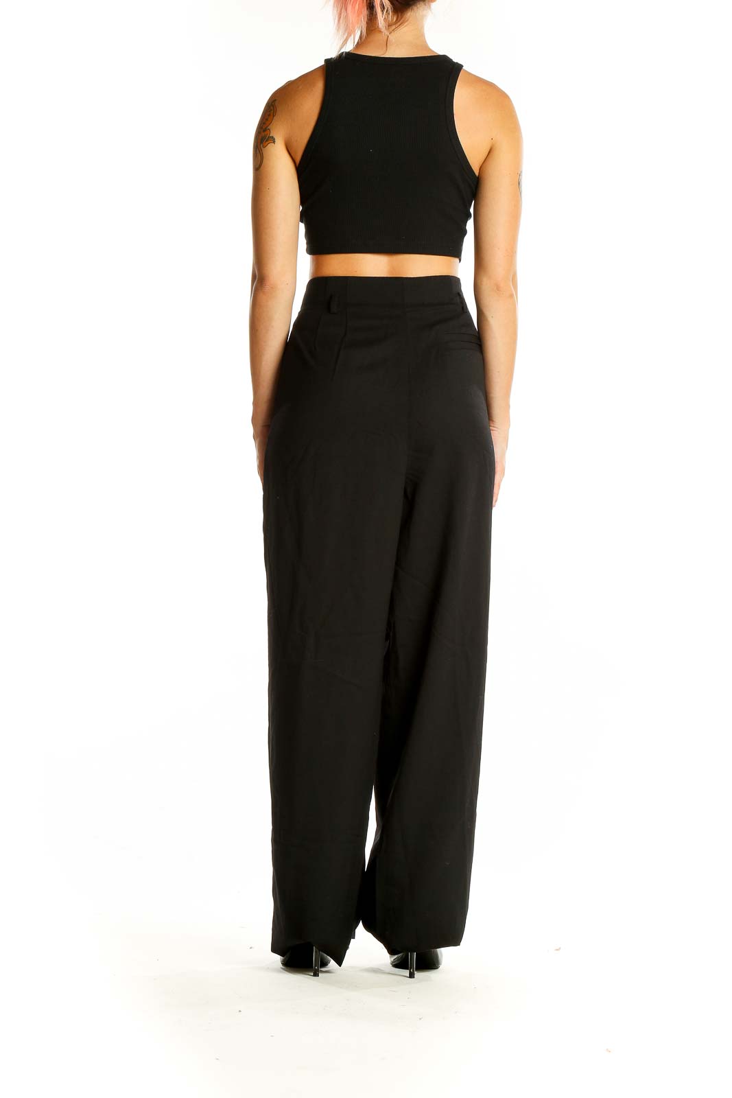 Back view of Ellen Tracy black wool blend wide-leg trousers on model