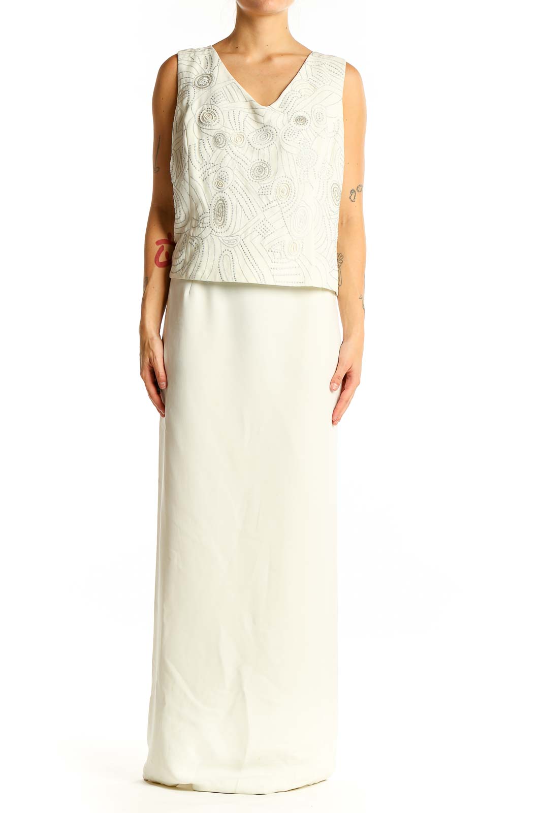 White Embroidered Overlay Maxi Dress by R&M Richards - Size 2X SilkRoll White Embroidered Overlay Maxi Dress by R&M Richards - Size 2X SilkRoll