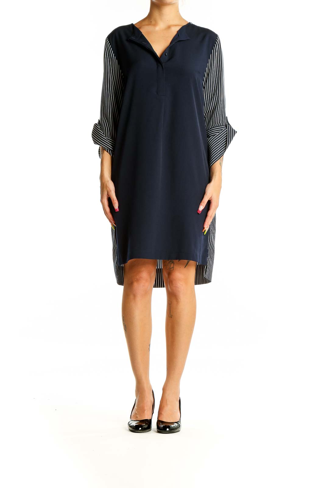 Blue Striped Sleeve Work Dress