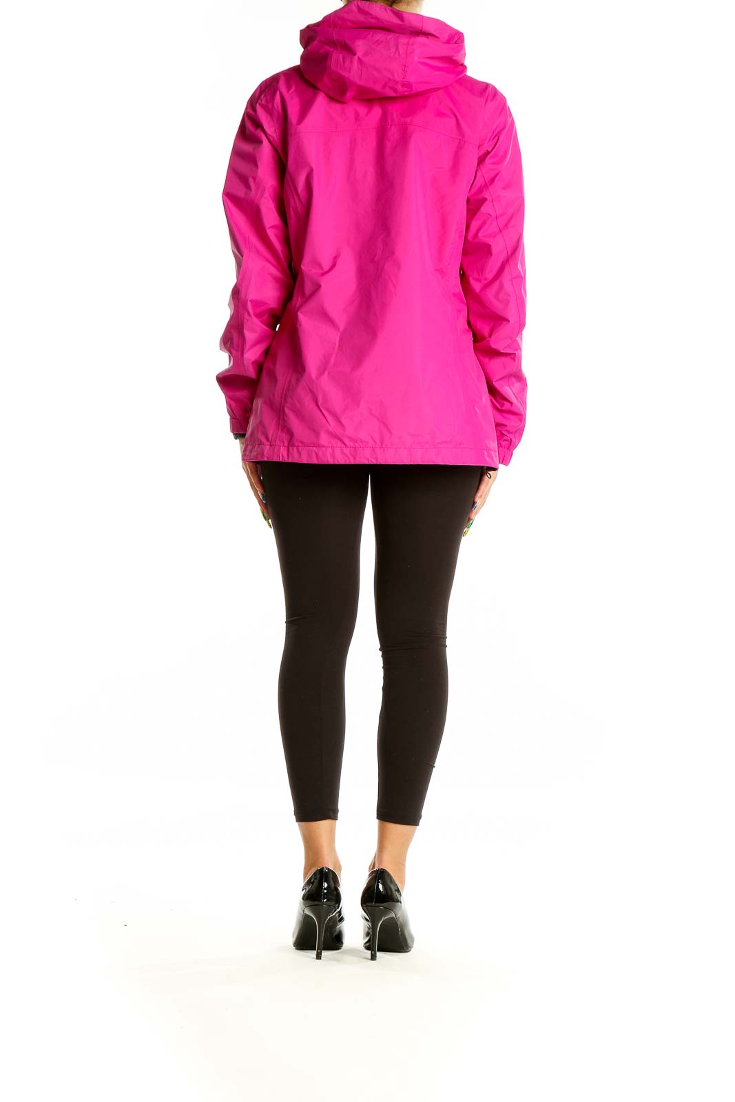 Back view of pink Columbia waterproof jacket on model