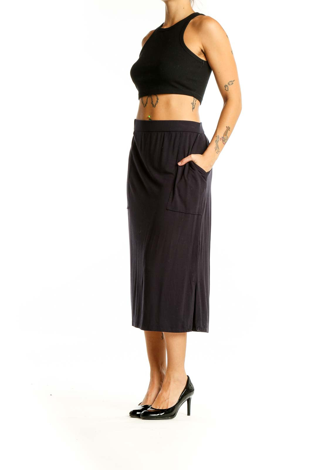 Front view of Eileen Fisher black midi A-line skirt