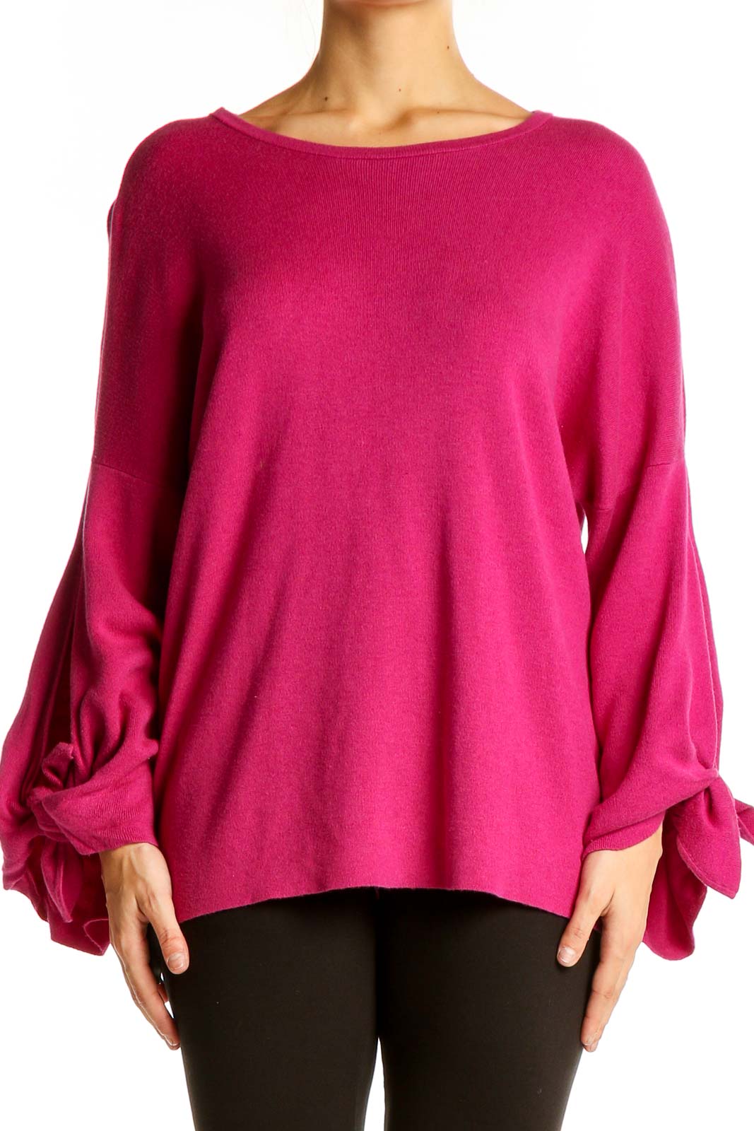 Front view of fuchsia Cabi knit sweater with balloon sleeves