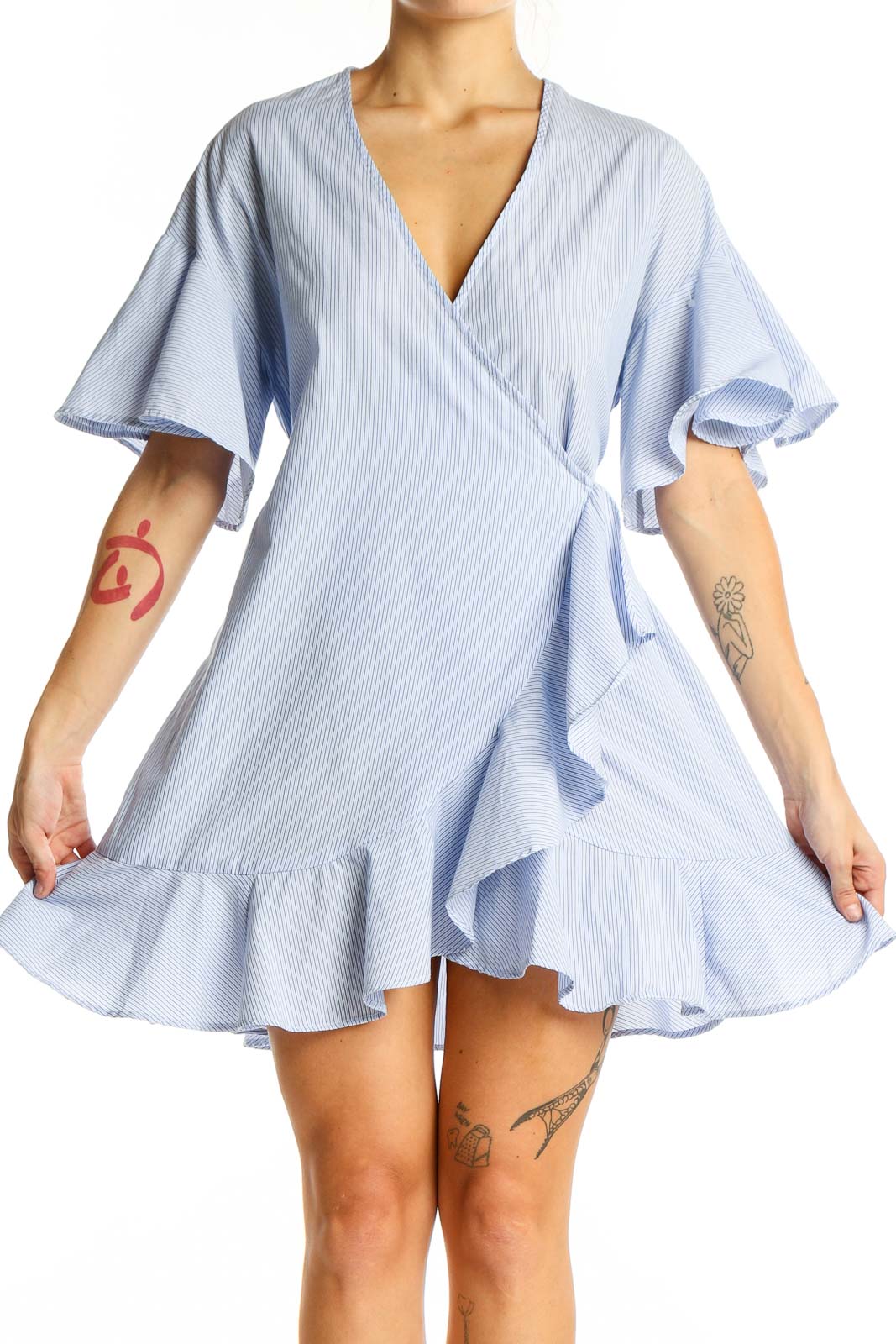 Topshop Light Blue Striped Wrap Mini Dress with Flutter Sleeves SilkRoll Topshop Light Blue Striped Wrap Mini Dress with Flutter Sleeves SilkRoll
