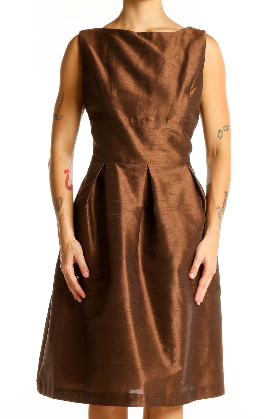 Alfred Sung Brown Elegant Pleated Cocktail Dress - Formal Sophistication SilkRoll Alfred Sung Brown Elegant Pleated Cocktail Dress - Formal Sophistication SilkRoll