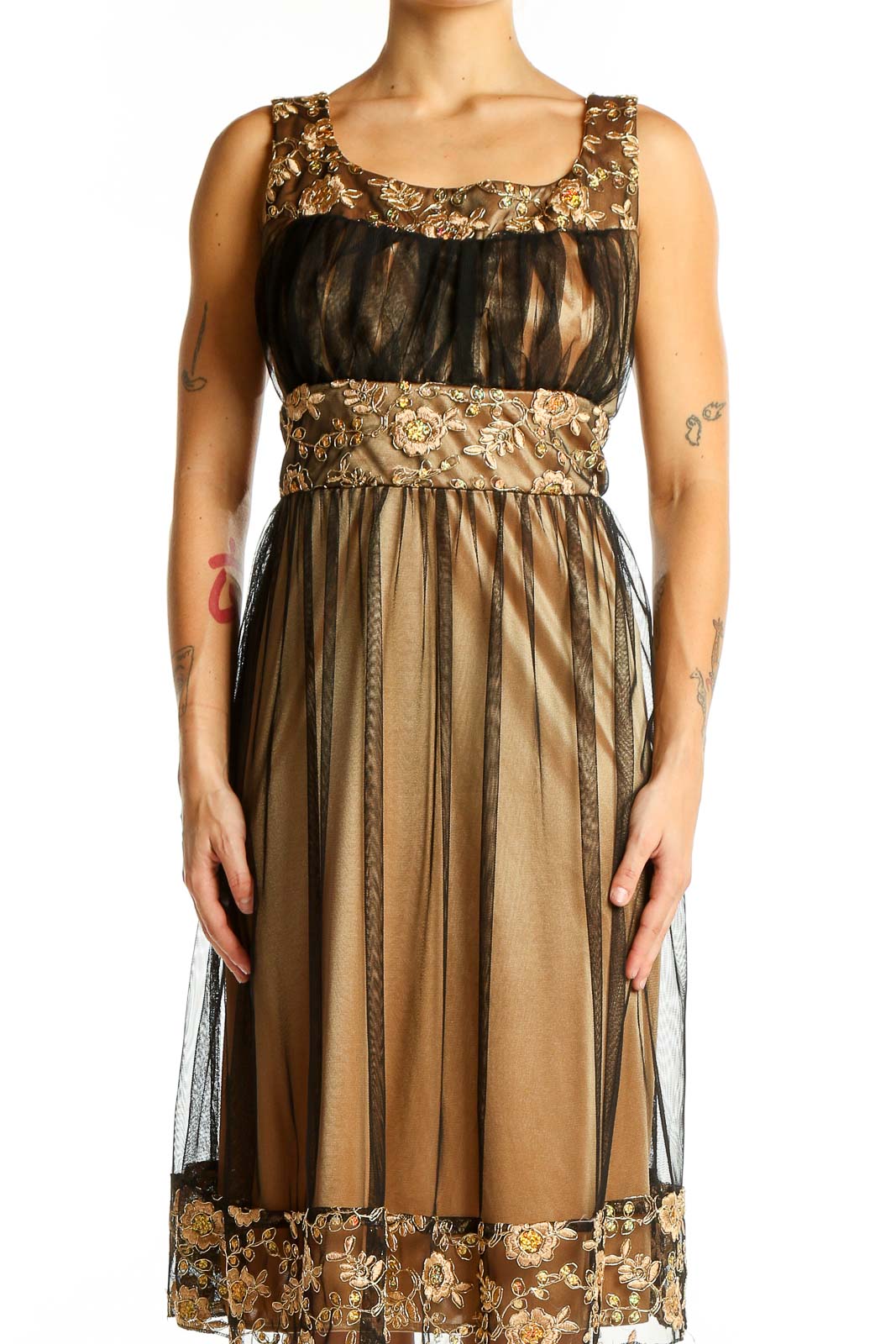 Gold Floral Embroidered Tulle Overlay Dress