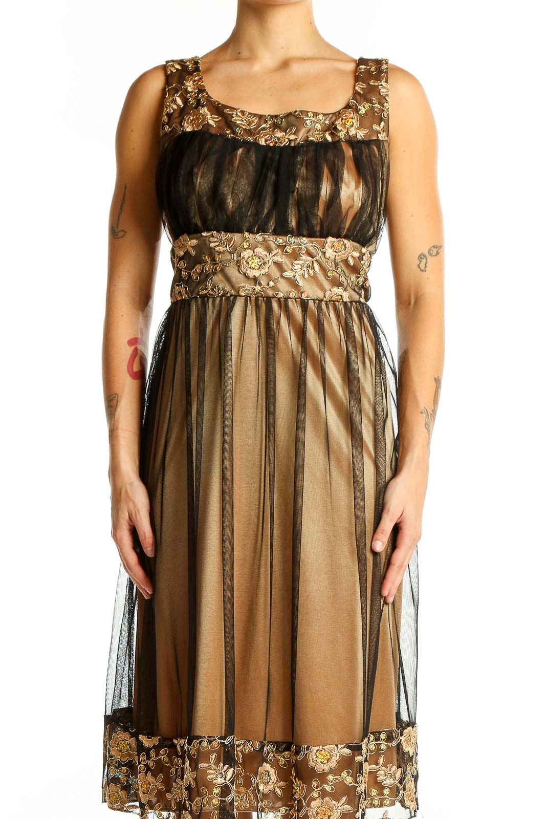 R&M Richards Gold Floral Embroidered Tulle Overlay Dress - Elegant Evening Wear SilkRoll R&M Richards Gold Floral Embroidered Tulle Overlay Dress - Elegant Evening Wear SilkRoll