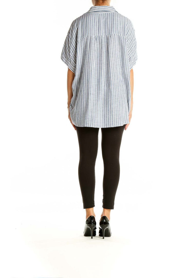 Back view of Splendid blue striped linen-blend oversized button-down shirt showing relaxed fit