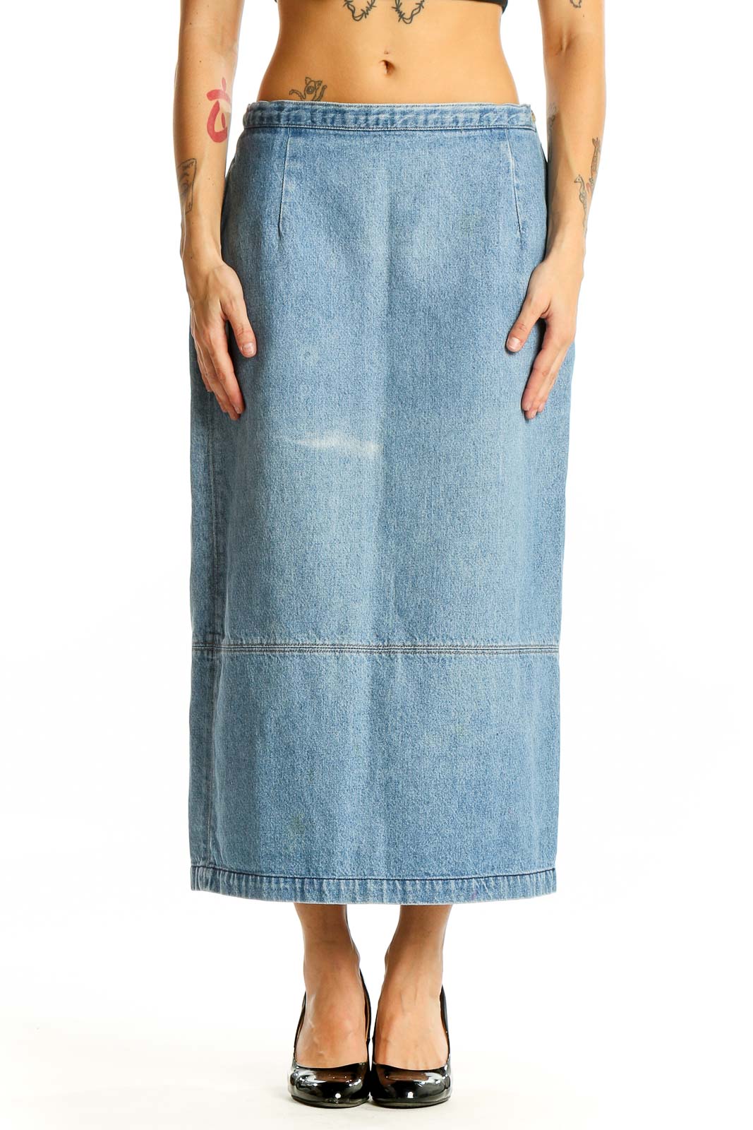 Front view of light blue Calvin Klein Sport denim maxi skirt