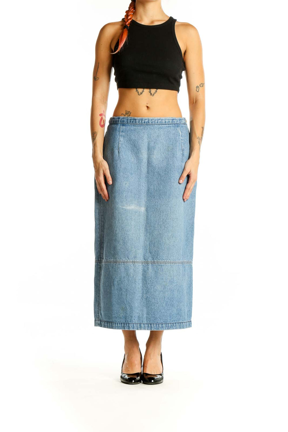 Front view of light blue Calvin Klein Sport denim maxi skirt