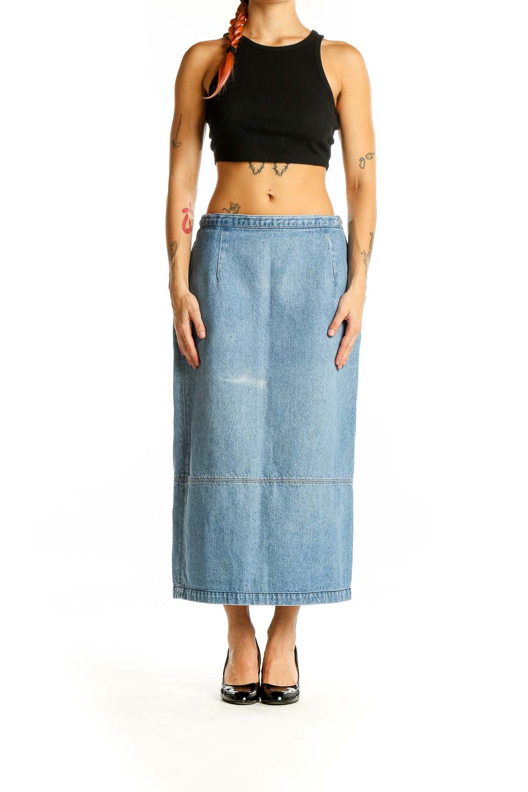 Front view of light blue Calvin Klein Sport denim maxi skirt