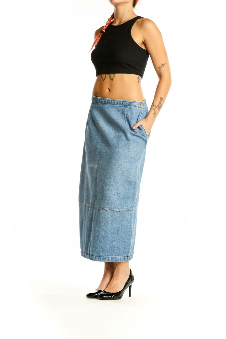 Front view of light blue Calvin Klein Sport denim maxi skirt
