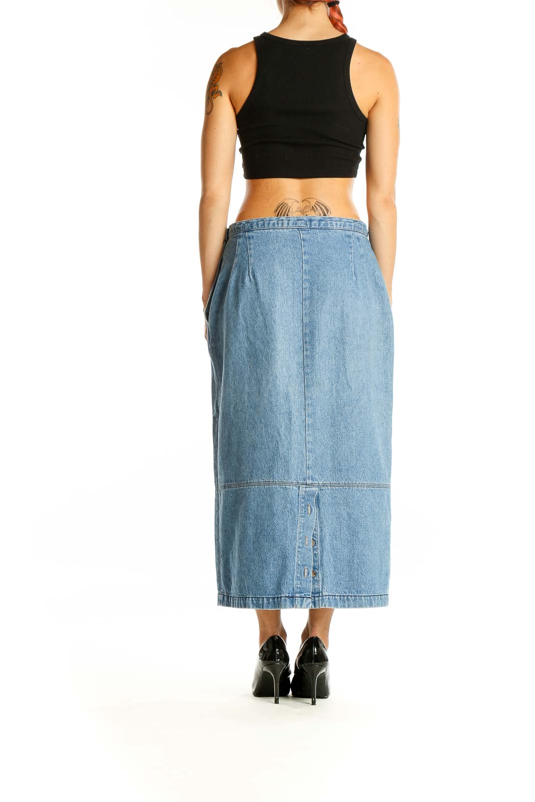 Back view of light blue Calvin Klein Sport denim maxi skirt on model