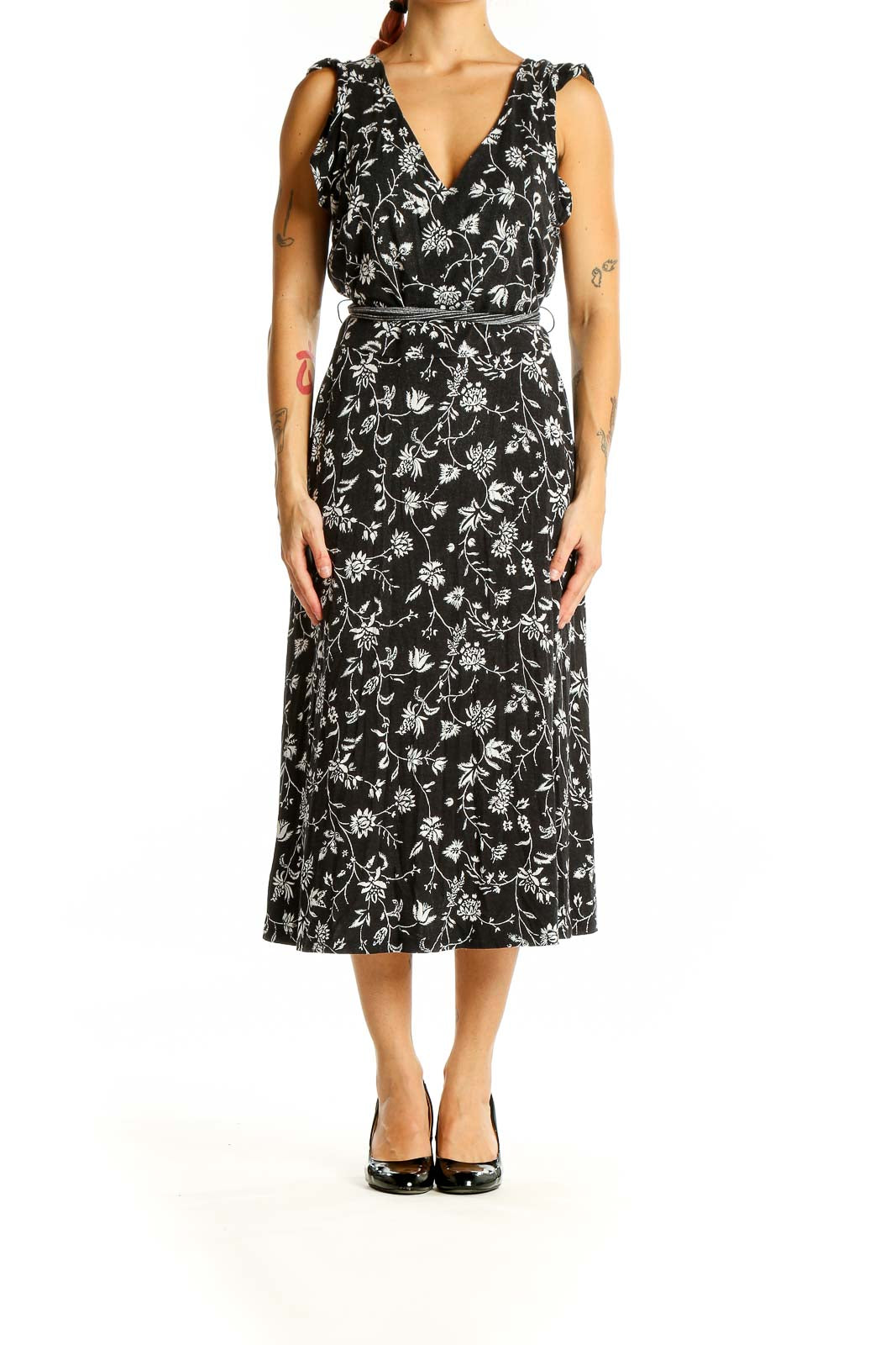 Black White Floral Wrap Dress