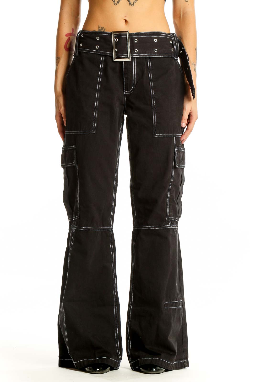 Black Contrast-Stitch Cargo Pants