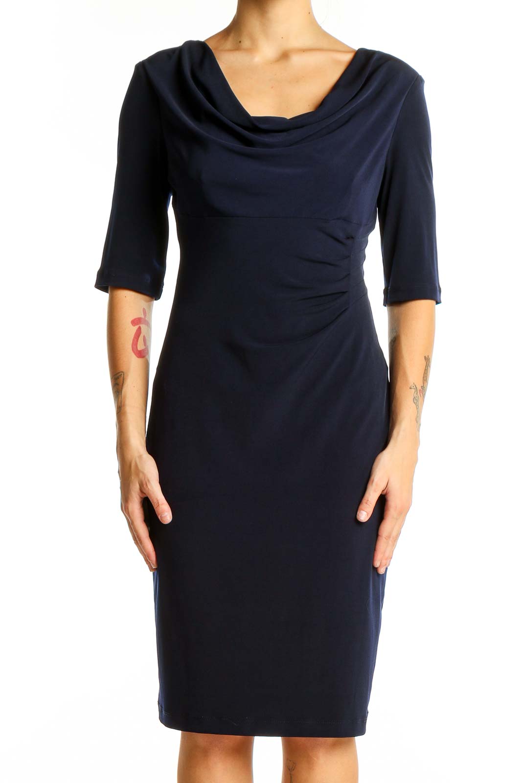 Connected Apparel Navy Cowl Neck Sheath Dress Elegant