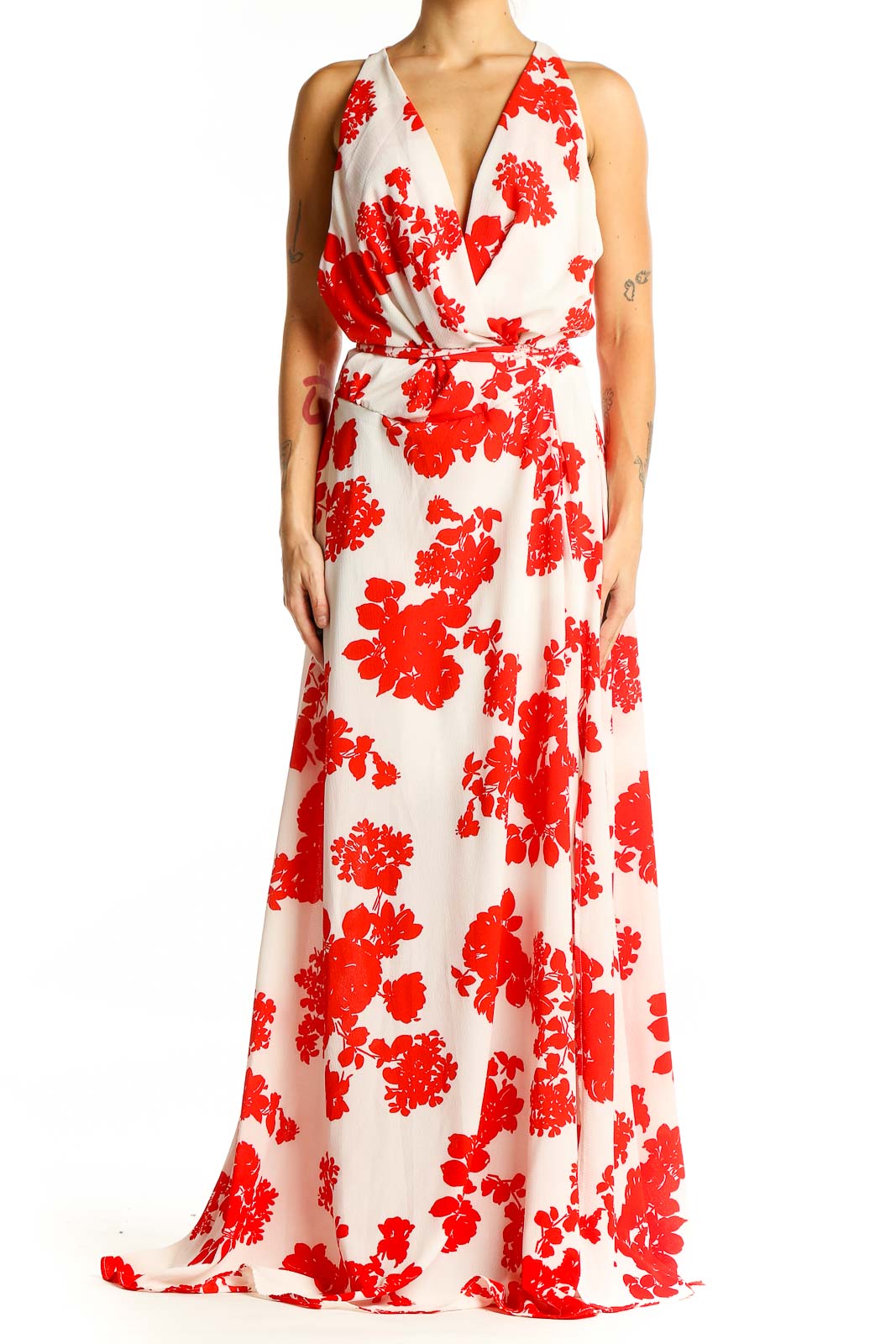 open lace back dress Fashion Strap Ruffle White Red Floral Print Maxi Dress with Middle Slit main image 1