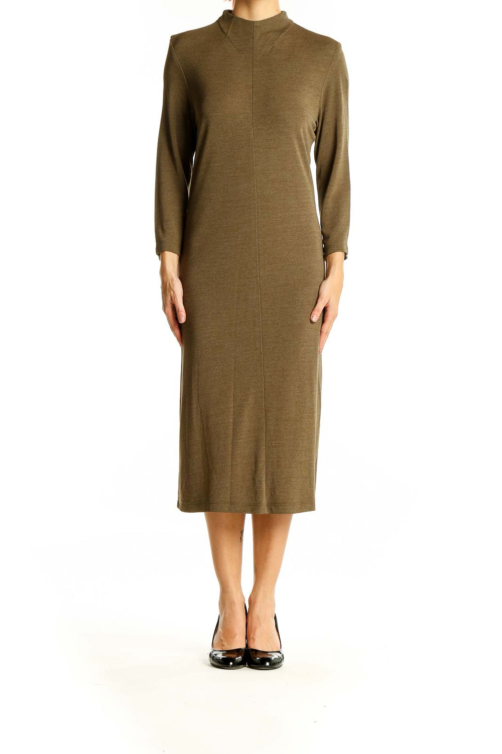 Front view of olive mock neck midi dress by mica
