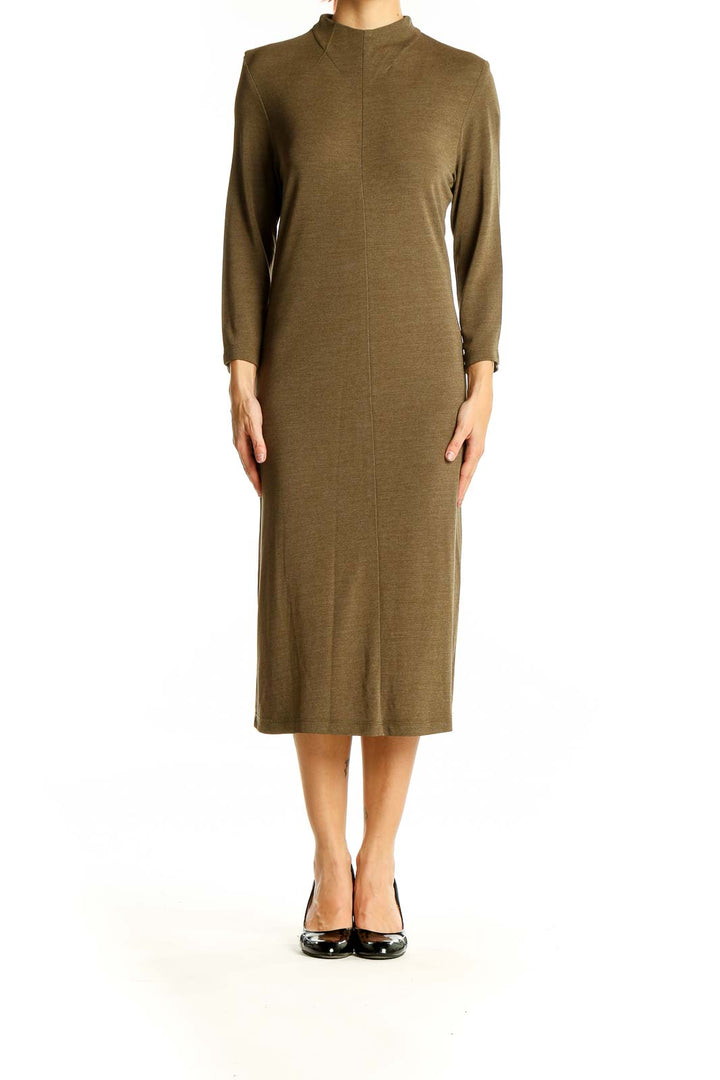 Front view of olive mock neck midi dress by mica