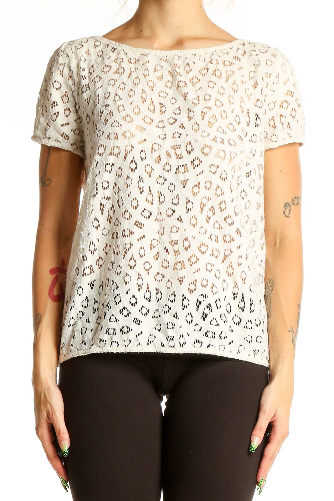 White Lace Leopard Print Short Sleeve Top