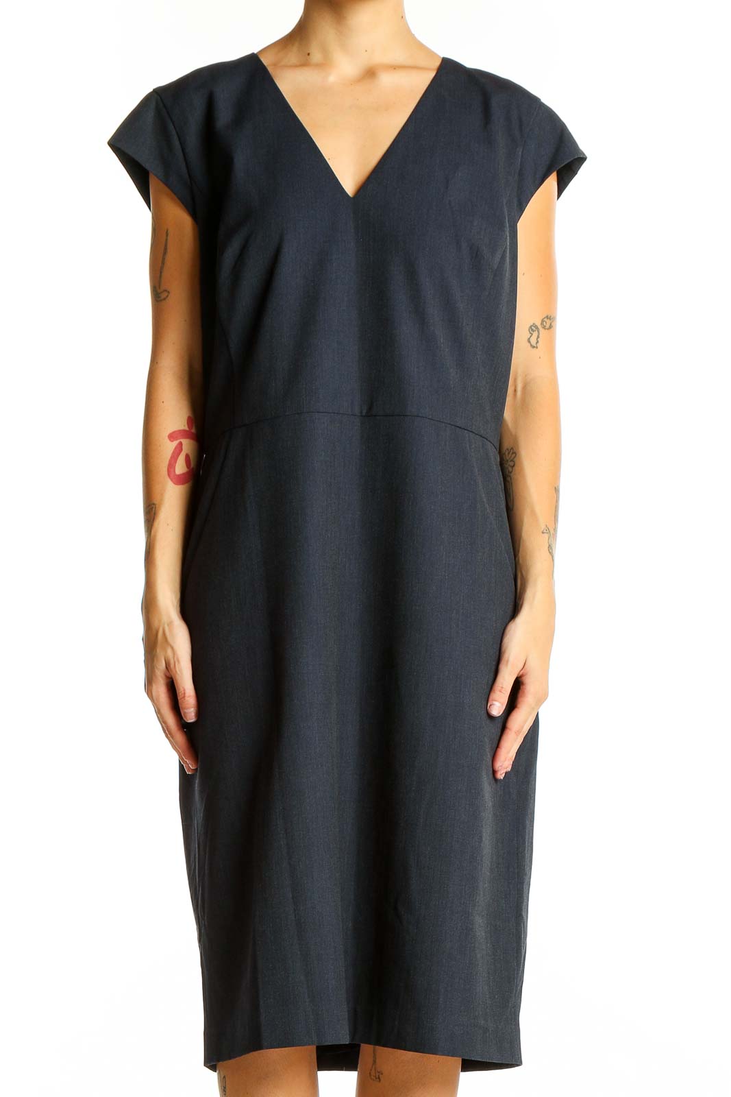 Navy V-Neck Cap Sleeve Midi Dress