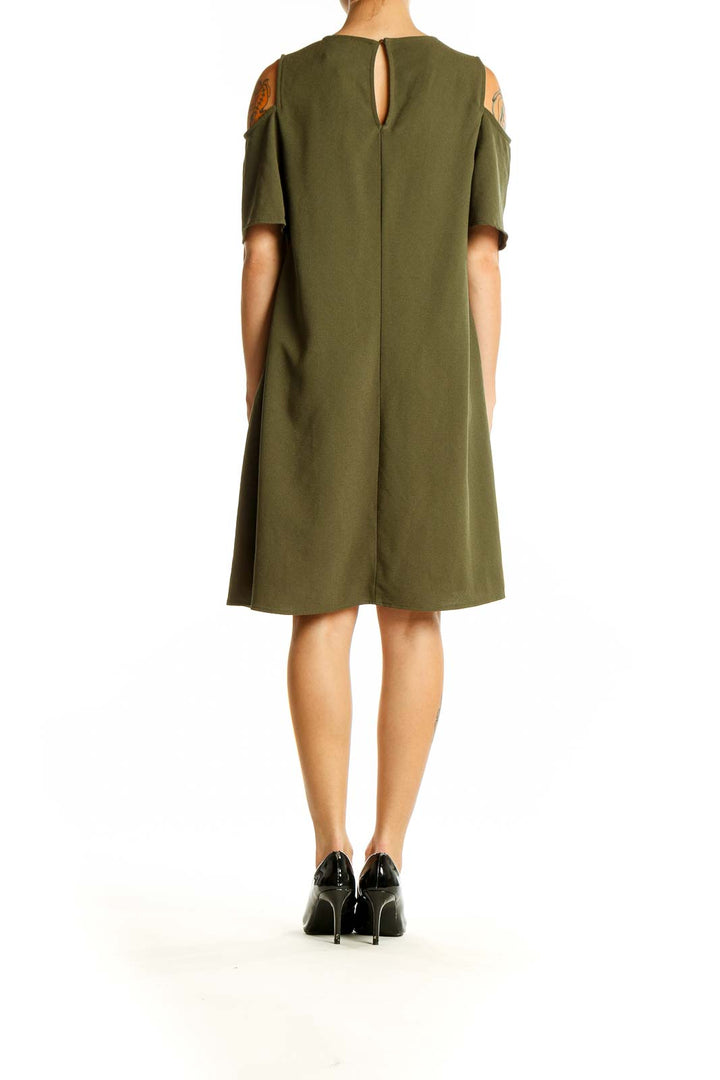 Back view of olive green Bobeau cold shoulder A-line dress