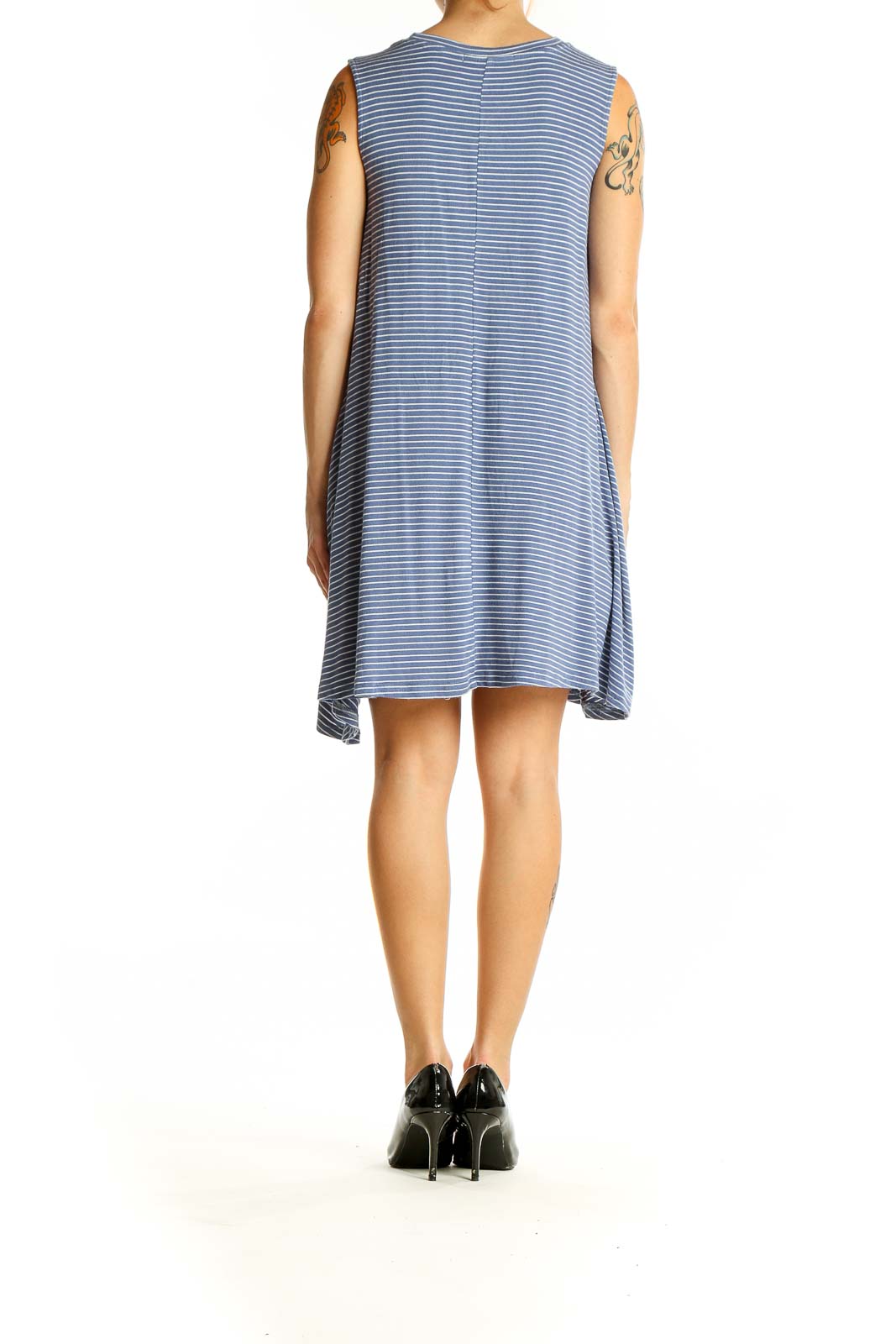 Side view of Body Glove blue striped sleeveless swing dress on model