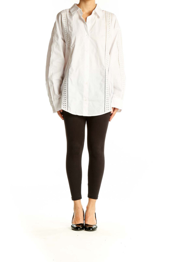 Front view of English Factory white eyelet lace button-down shirt on model