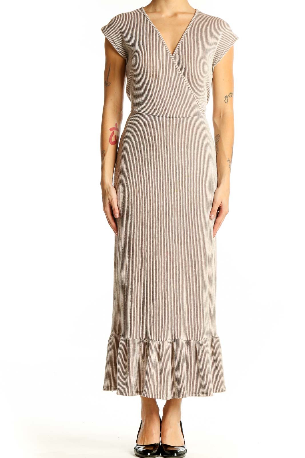 Caution to the Wind Beige Ribbed Wrap Maxi Dress
