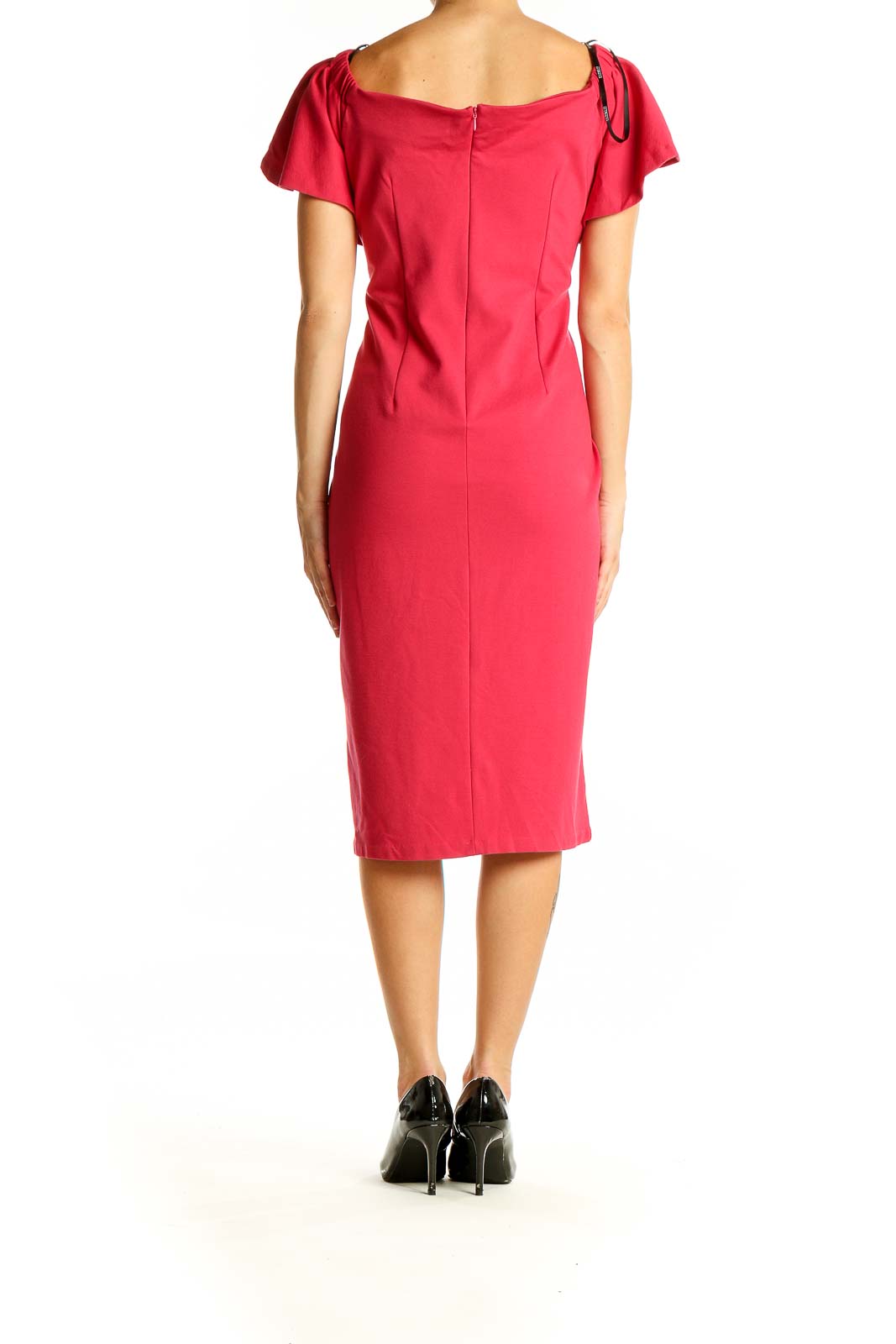 Back view of red Eloquii bodycon midi dress showing fitted silhouette