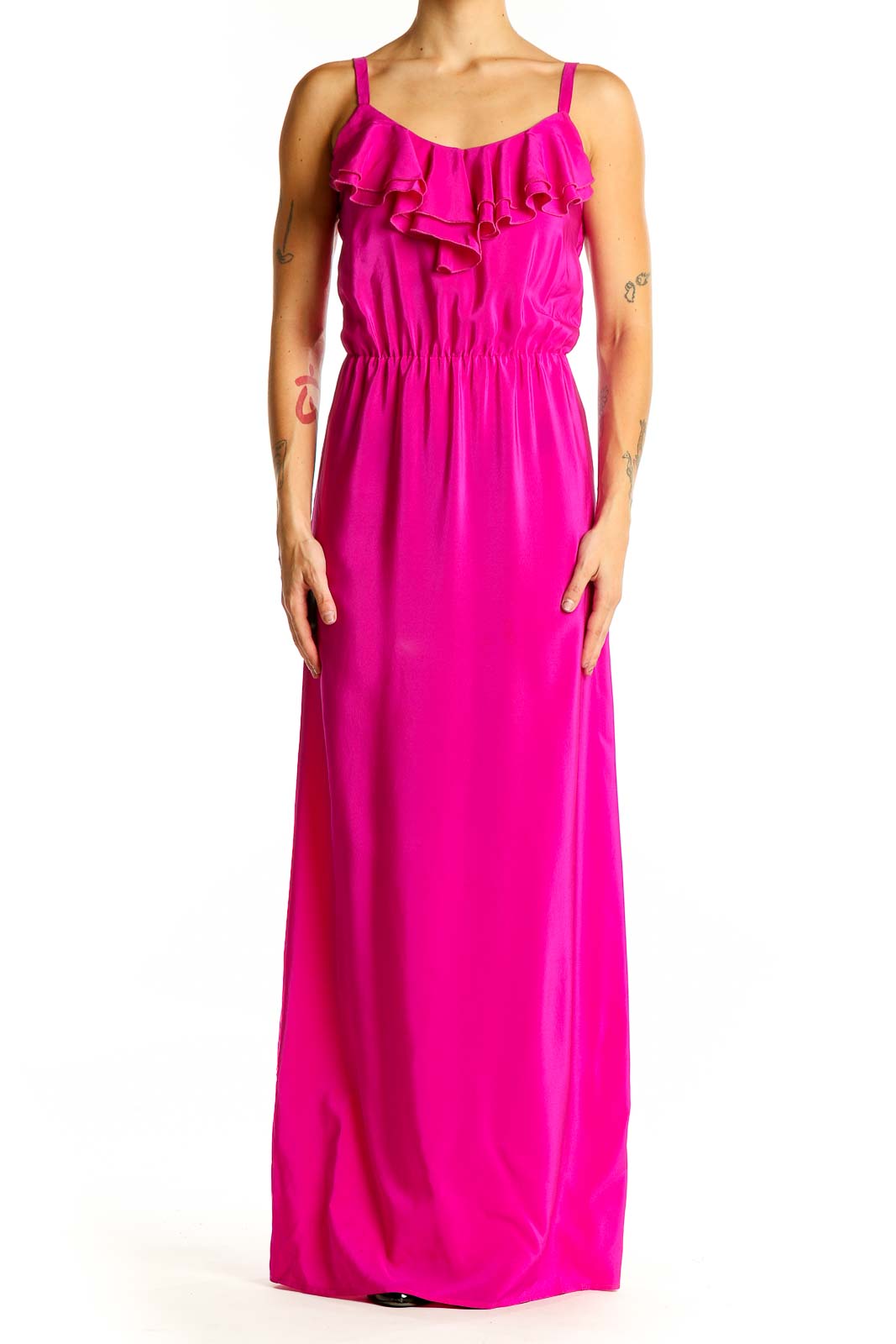 Amanda Uprichard Hot Pink Silk Maxi Dress with Ruffled Neckline SilkRoll Amanda Uprichard Hot Pink Silk Maxi Dress with Ruffled Neckline SilkRoll