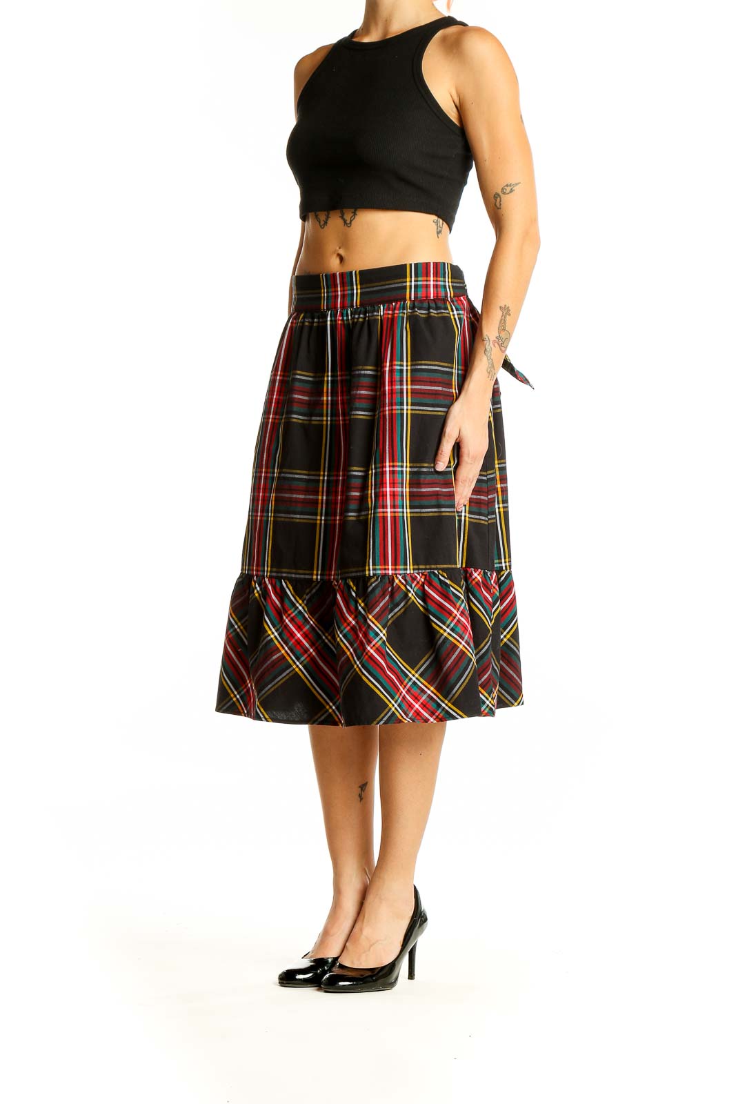 Front view of J.Crew black plaid midi skirt with flounced hem