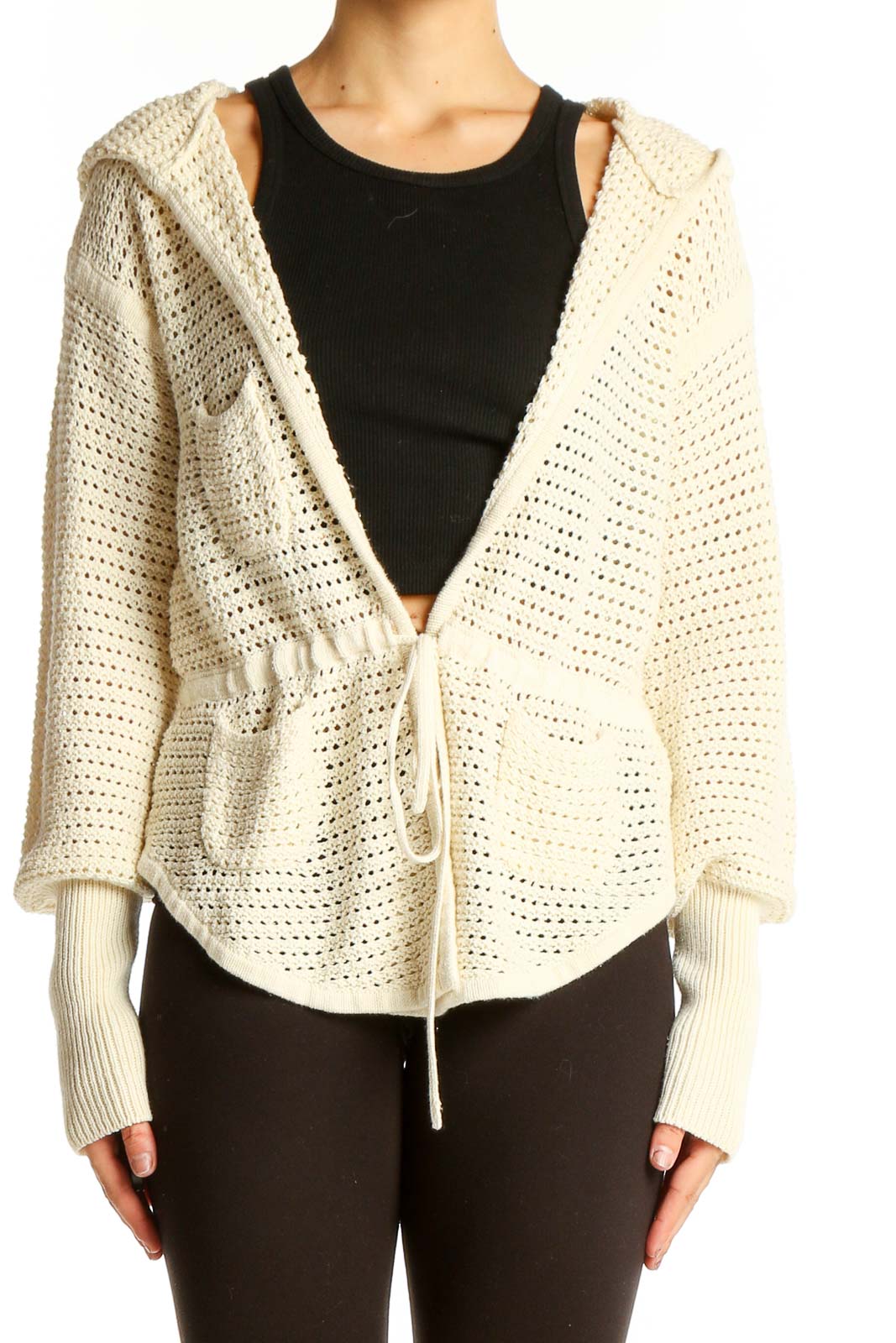 Offers Do Everything In Love Women's Cream Knit Hoodie Open Cardigan One Size