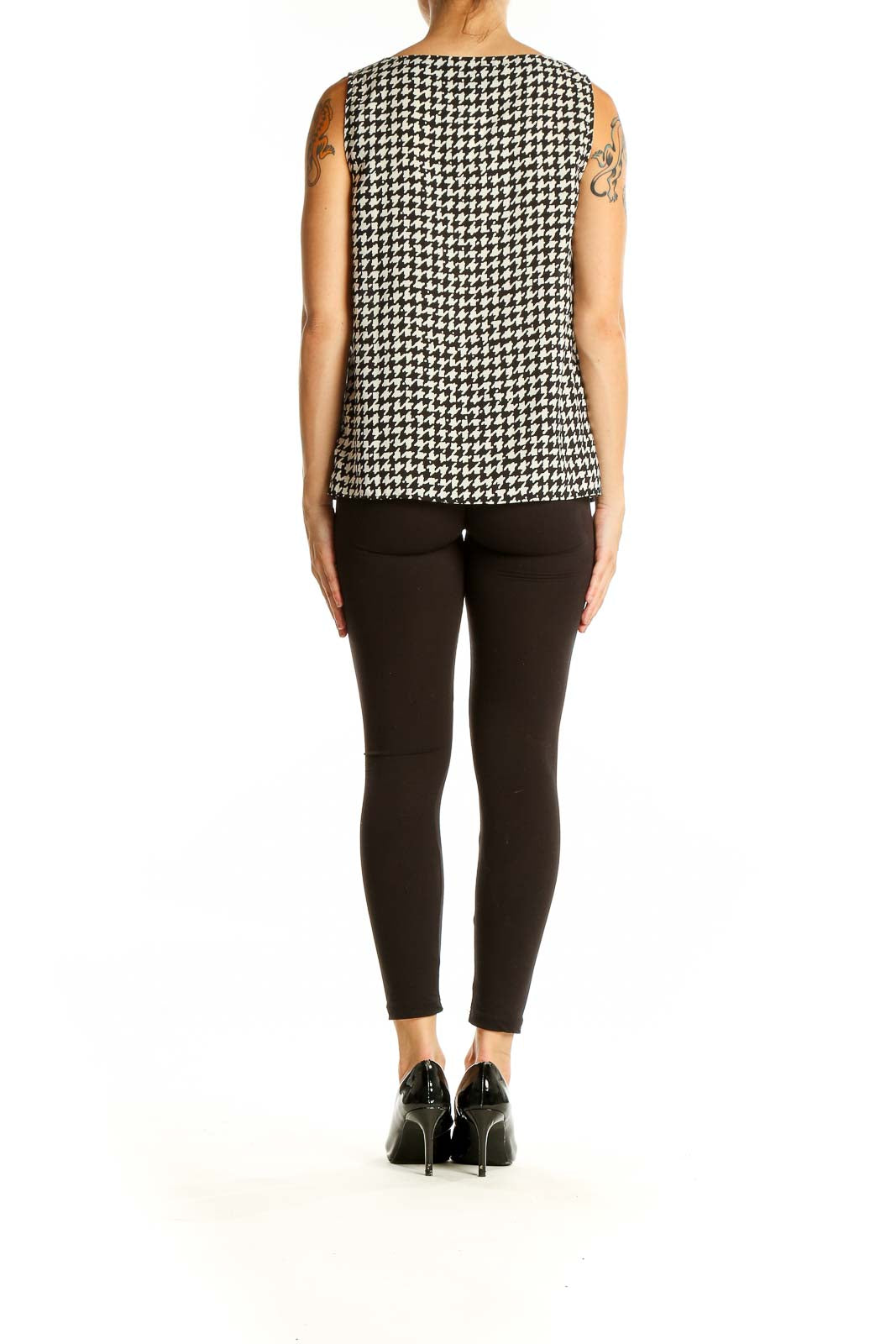 Back view of Ann Taylor LOFT Petites black and white houndstooth sleeveless blouse