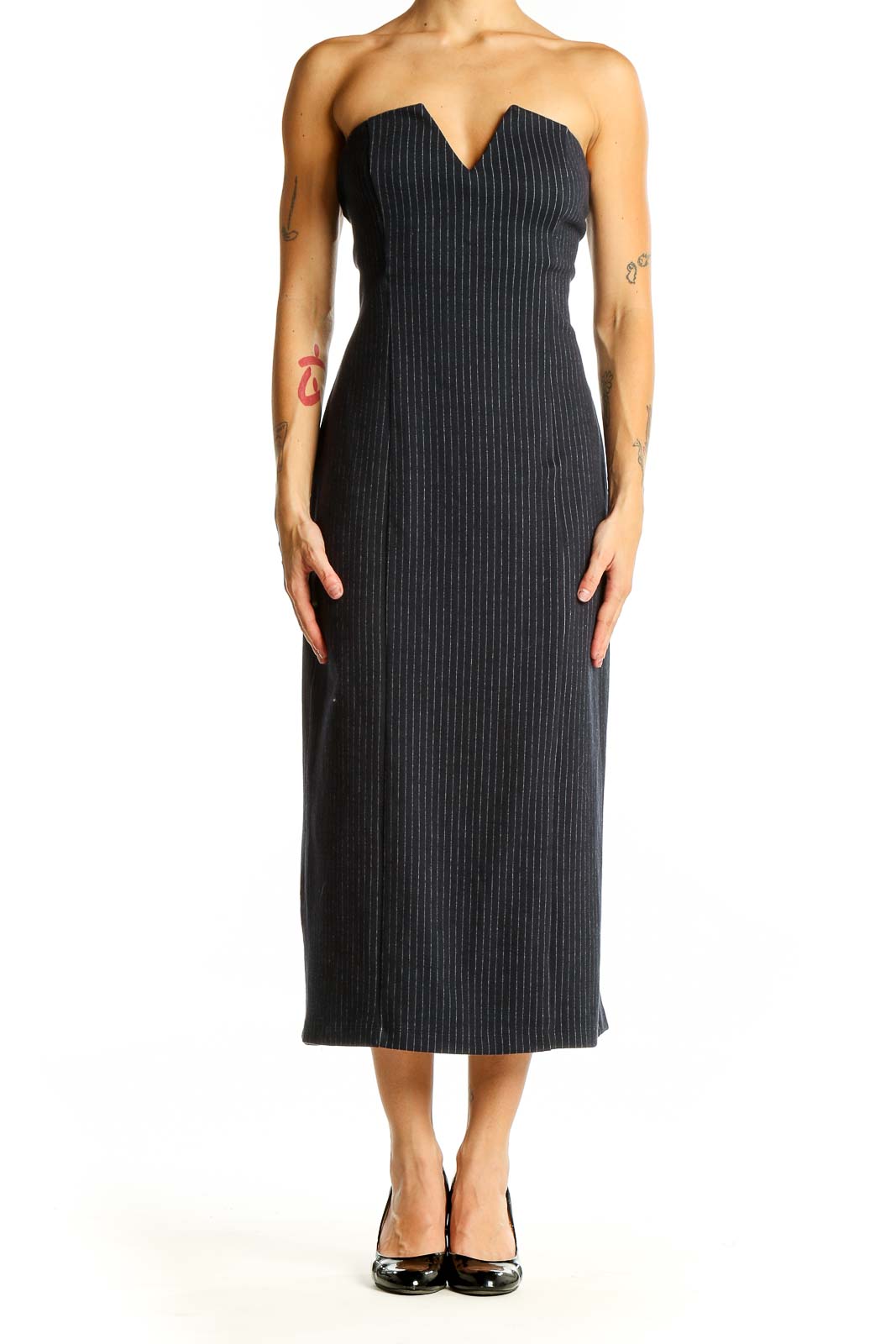 sachin and babi light blue dress Anthropologie Charcoal Pinstripe Strapless Midi Dress
