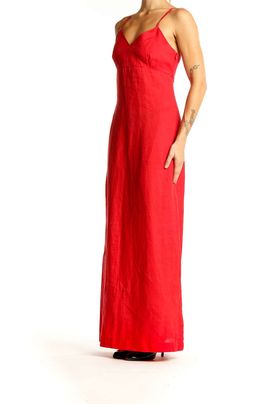 Front view of red Zara Basic maxi dress with V-neckline and thin straps