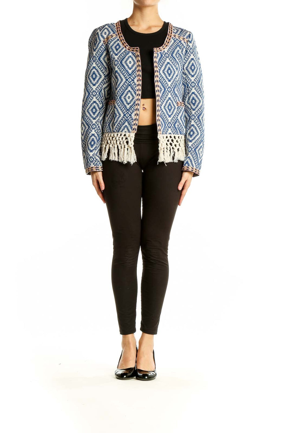Front view of Tularosa blue geometric pattern jacket with fringe hem
