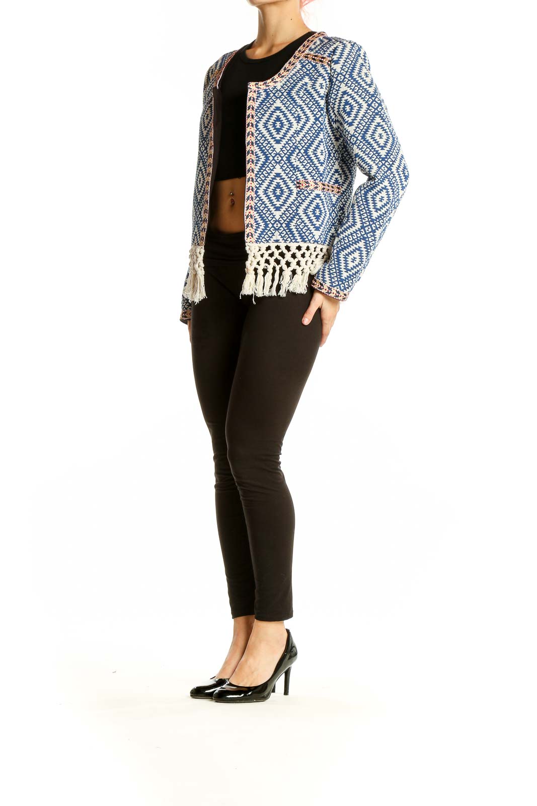 Front view of Tularosa blue geometric pattern jacket with fringe hem