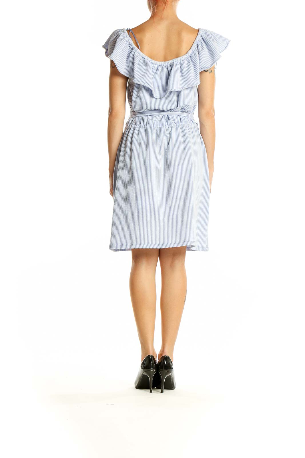 Back view of Michael Kors blue striped off-shoulder ruffle dress with tie waist