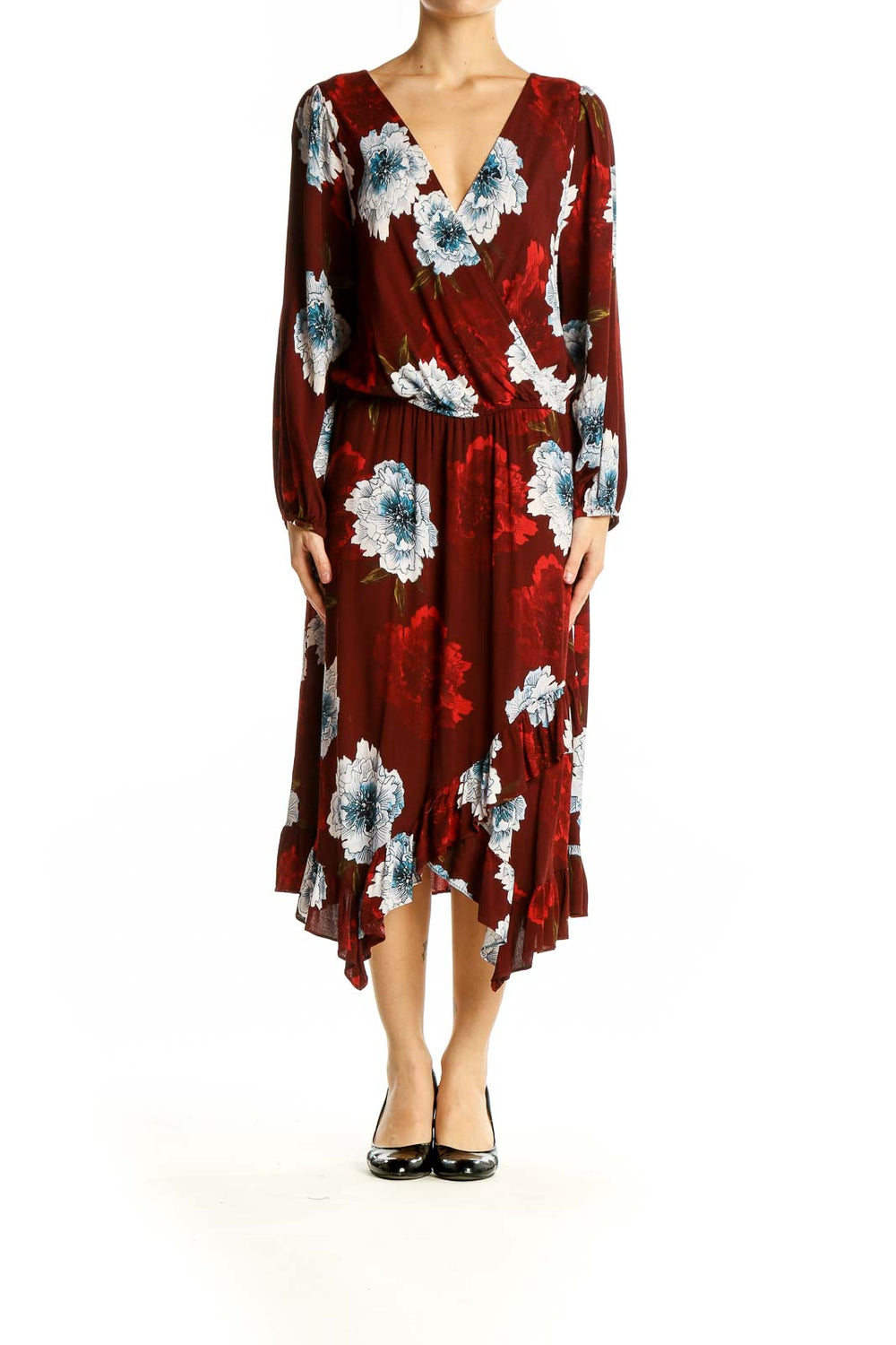 Front view of burgundy floral wrap midi dress by Plenty by Tracy Reese