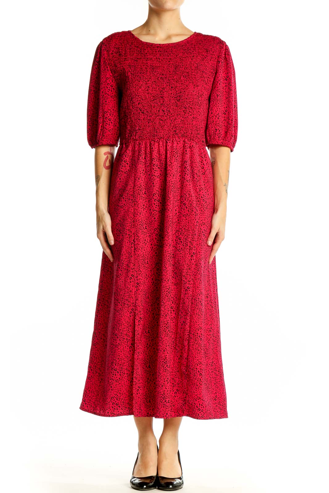 Front view of red floral puff sleeve midi dress by Popsugar
