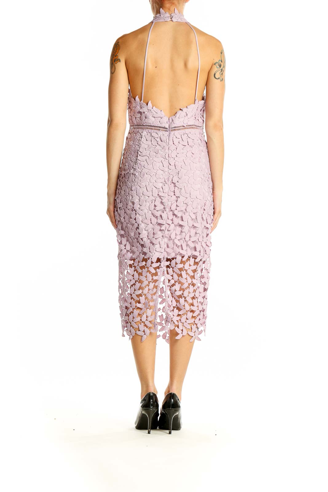 Side view of pink lace halter midi dress by Bardot showing sheer hem detail
