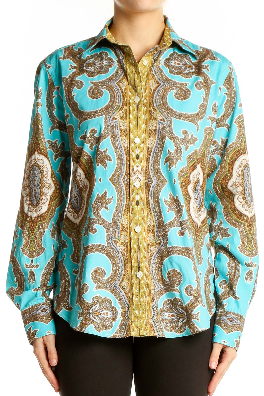 Front view of CraigTaylor turquoise paisley print button-up shirt