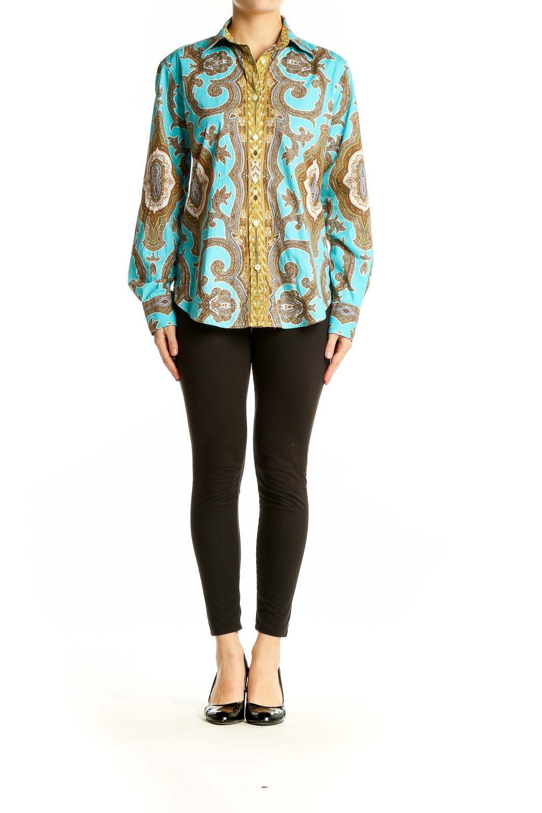 Front view of CraigTaylor turquoise paisley print button-up shirt