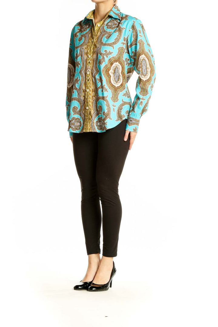 Front view of CraigTaylor turquoise paisley print button-up shirt