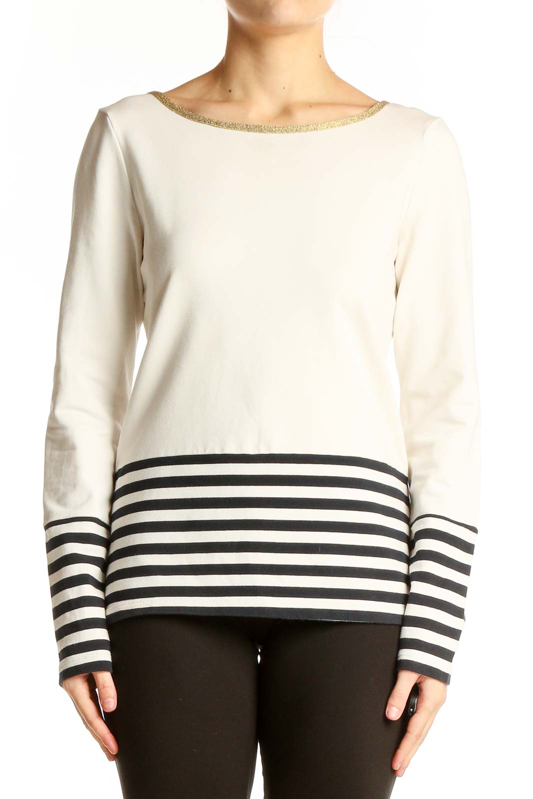 Front view of Banana Republic white top with black striped bottom
