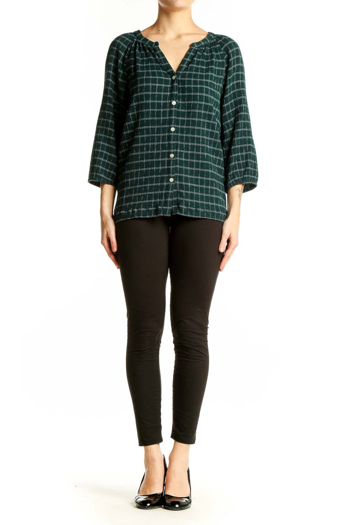 Front view of J.Jill green plaid button-up top with gathered neckline