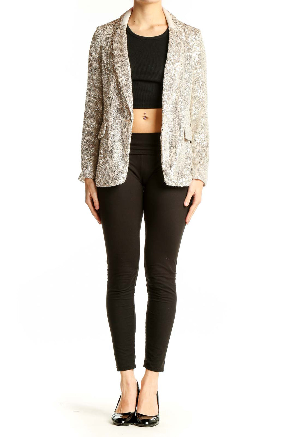 Front view of Banana Republic silver sequin blazer