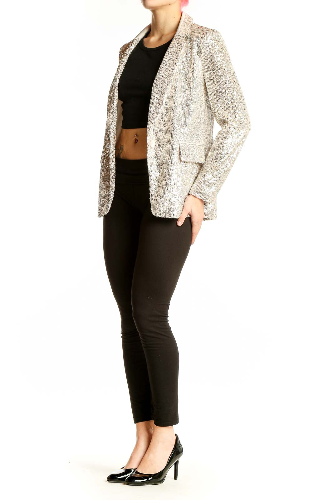 Front view of Banana Republic silver sequin blazer