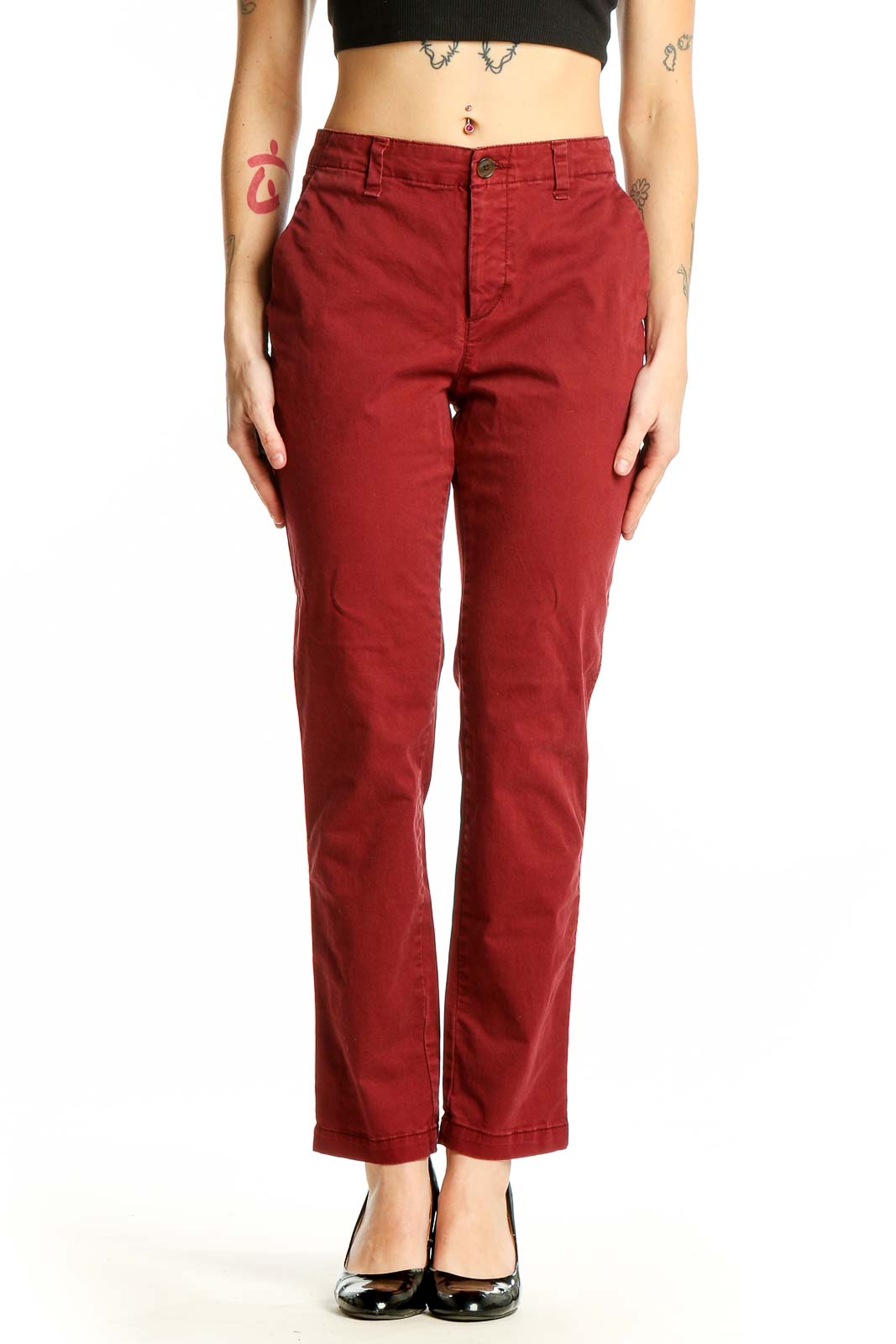 Front view of Gap red straight leg pants on model